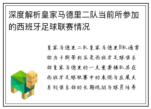 深度解析皇家马德里二队当前所参加的西班牙足球联赛情况